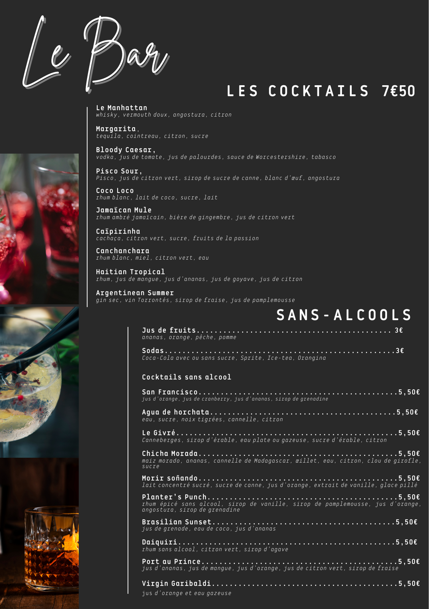 Menu du Bar