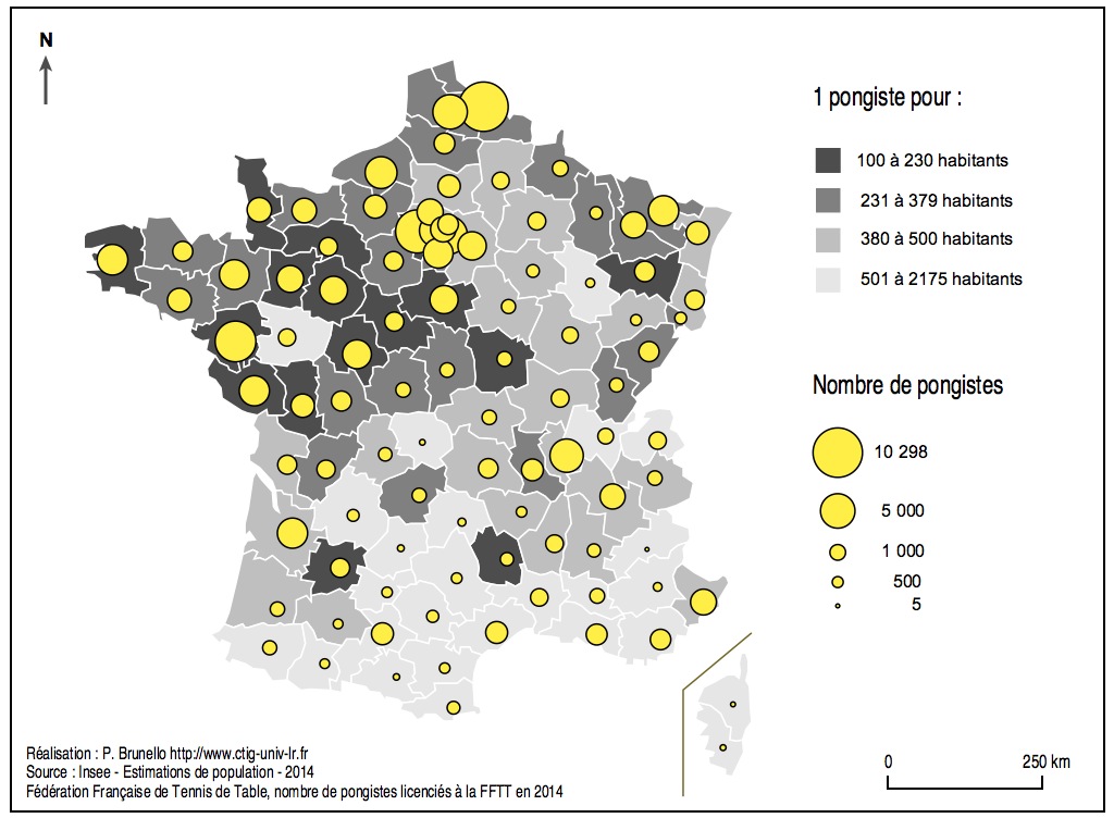 Carte montrant le nombre de pongistes par villes